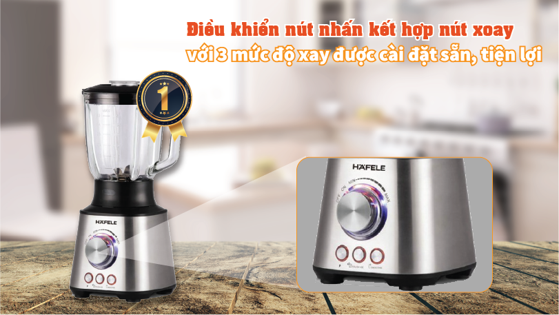 Điều khiển nút nhấn kết hợp nút xoay với 3 mức độ xay được cài đặt sẵn, tiện lợi Máy xay sinh tố để bàn Hafele 535.43.262